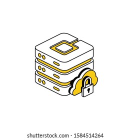 Server clouds lock. Vector line, 3d stroke isometric, color web icon, new flat style. Creative illustration design, abstract idea for infographics.
