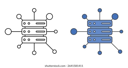 Server cluster icon featuring three stacked servers with network lines in outline and color styles, ideal for cloud infrastructure and data center visuals.