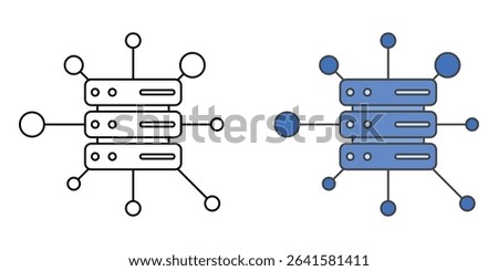 Server cluster icon featuring three stacked servers with network lines in outline and color styles, ideal for cloud infrastructure and data center visuals.
