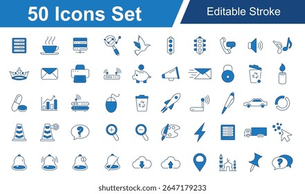 Server, Coffee, GPS, Music, Money, Technology, Email, Lightning, Crown Blue Line Icon Set. Editable Stroke Vector Icons