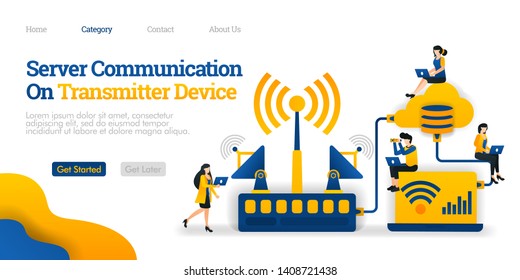 Server Communication on Transmitter Device. transmitter distributes data from database. Vector flat illustration concept, can use for, landing page, template, ui, web, homepage, poster, banner, flyer