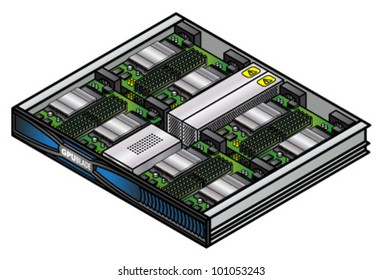 Server component: a GPU blade with the top cover off showing the high-density interior layout and components.