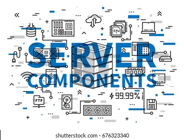 Server components vector illustration. Server elements (motherboard, usb card, cpu chip, keyboard, ram memory, hdd, processor, etc) line art. Computer hardware equipment graphic design.