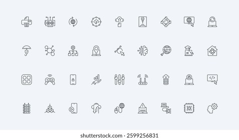 Server and computer, code security thin black outline symbols vector illustration. Information technology, data storage and network infrastructure with AI, software settings line icon set