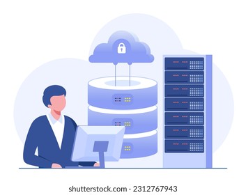 server computing, database system, programming, hardware and technology, computer flat vector illustration banner background