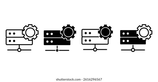 Server Configuration Icons Black Gear and Database Symbols Vector Design Illustration