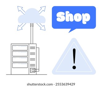 A server connected to cloud storage and a shop, with a warning sign below. Ideal for online shopping, e-commerce, server issues, cloud computing, data security. Clean flat design style