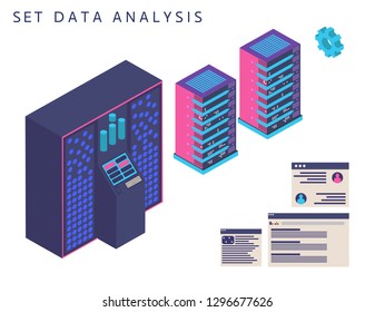 Server connected isometric icon, big data processing and datacenter concept, database cloud storage, web hosting with many details. White background. Vactor illustration. 