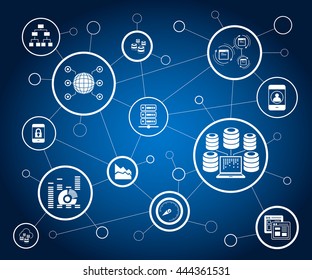 Server And Data Analytics Concept, Information Management In Blue Background