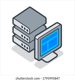 Server, data base, pc, monitor flat icon. 3d vector colorful illustration. Pictogram isolated on white background.