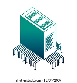 server data center with electronic circuit isometric icon