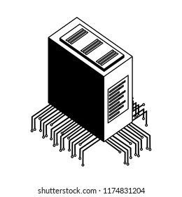 server data center with electronic circuit isometric icon