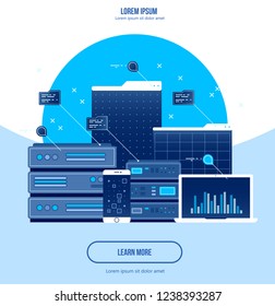 Server data center, flat illustration. Internet network technology and information cloud for storage, vector illustration.