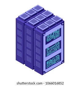 Server. Data center Isometric style. Internet industry. Data transmission technology and data protection. Storage and Accumulation of Information. 
