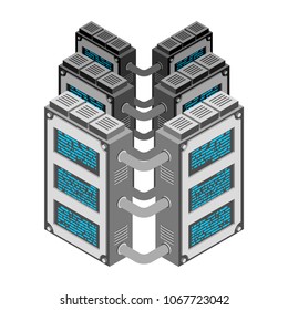 Server. Data center Isometric style. Internet industry. Data transmission technology and data protection. Storage and Accumulation of Information. 