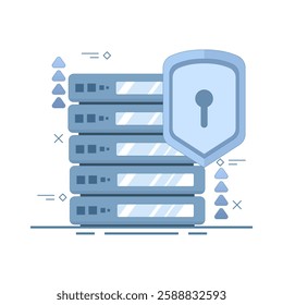 Server data security concept. Data Server with Shield. Secure Data Concept. secure server. Data Center and protection. Cyber ​​Security Technology, flat vector illustration on background.
