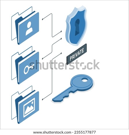 Server data security lock. Folder with lock and key. Modern private folder, safe confidential information, data storage, computer folder. Data security concept. 3D rendering. 2393