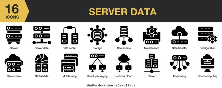 Server Data solid icon set. Includes computer, technology, information, server, system, network, and More. Solid icons vector collection.