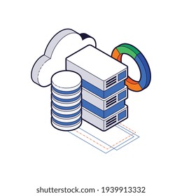 Almacenamiento de datos de servidor concepto isométrico colorido sobre fondo blanco 3d ilustración vectorial