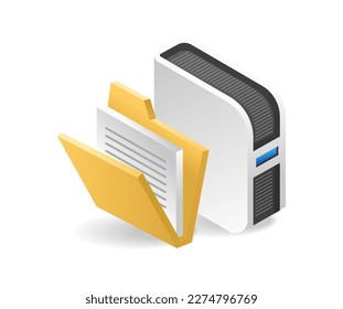 Server data storage folder isometric flat 3d illustration concept