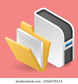 Server data storage folder isometric flat 3d illustration concept