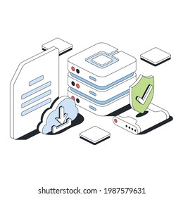 Server Data Warehouse, Cloud Technology, Download Document. Vector 3d Line Isometric, Color Web Icons, New Flat Style. Creative Design Idea For Infographics.