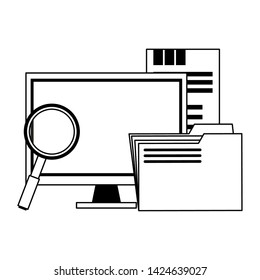 Server database computer and folder with magnifying glass symbols vector illustration graphic design