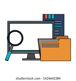 Server database computer and folder with magnifying glass symbols vector illustration graphic design