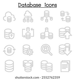 Servidor, Banco de dados, Hospedagem, Compartilhamento, Cloud computing icon set in thin line style