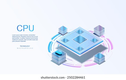 Server database quantum CPU banner. Data ai processing with futuristic CPU. Computer network with processor and circuit board. CPU isometric vector background.