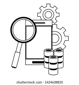 Server database smartphone and magnifying glass with gears vector illustration graphic design