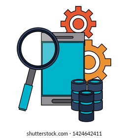 Server database smartphone and magnifying glass with gears vector illustration graphic design