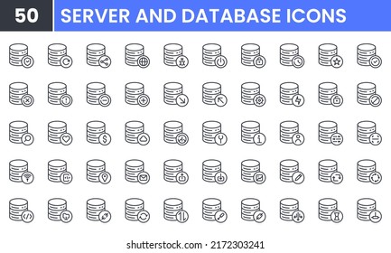 Server And Database Vector Line Icon Set. Contains Linear Outline Icons Like Storage, Maintenance, Network, Share, Hosting, Big Data, Cloud, Control Panel . Editable Use And Stroke.