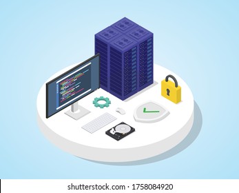 Server defended by shield with padlock. Server security concept isometric 3d design modern flat style vector illustration