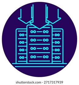 Icono de implementación del servidor. Borde de neón minimalista sobre un fondo redondo azul oscuro. Una elegante Ilustración vectorial de dos Grandes flechas descendentes que dirigen el flujo de datos a un rack de servidor central, simbolizando la instalación de software, la carga de datos a Grande escala, la configuración del sistema y las operaciones del centro de datos