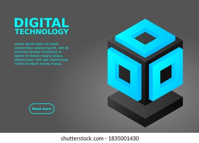 Server. Digital space. Data storage. Data center. Big Date. Conceptual illustration, data flow. Isometric vector illustration. 3D