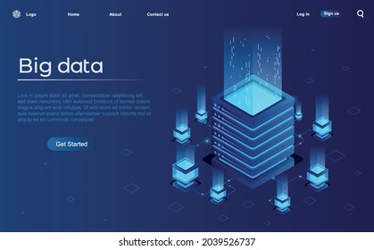 Server. Digital space. Data storage. Data processing center. Great date. Network or mainframe infrastructure website header layout Isometric vector illustration.