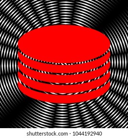 Server, disks icon. Vector. Red icon on white and black radial interference as background.