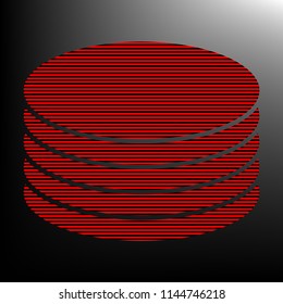 Server, disks icon. Vector. Striped red and black icon at gradient blackish background. Zebra.