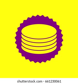 Server, disks icon. Vector. Violet label with hole as icon on yellow background.