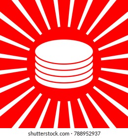 Server, disks icon. Vector. White icon on red sun with rays as background. Isolated.