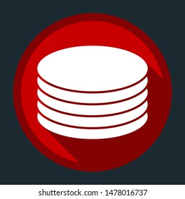Server, disks icon. White icon with shadow on round red button at dark cyan background. Illustration.