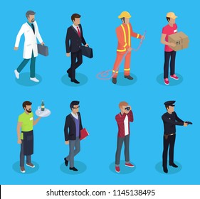 Server and doctor professions 3d isometric icons set. Businessman and firefighter with hose delivery man and parcel. Journalist cop police vector