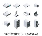 Server equipment abstract concept set. Stickers with laptop, flash card, router, database and disk drive. Design elements for network. Cartoon isometric vector collection isolated on white background