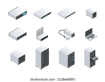 Conjunto de conceptos abstractos del equipo del servidor. Etiquetas con laptop, tarjeta flash, router, base de datos y unidad de disco. Diseñar elementos para la red. Colección vectorial isométrica de dibujos animados aislada en fondo blanco