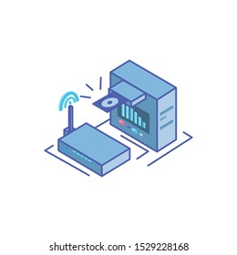 server equipment with wireless router on white background vector illustration design