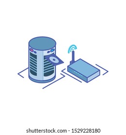 server equipment with wireless router on white background vector illustration design