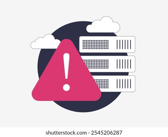 Alerta de erro do servidor, falha do data center, interrupção do armazenamento em nuvem e aviso do sistema. Notificação de erro crítico com símbolo de ponto de exclamação, ilustração de vetor plano isolado de problemas de rede