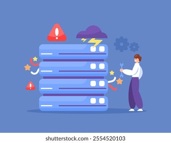 server error concept. error occurred on the central server. warning, maintenance, and repair. illustration of a technician or engineer trying to fix a broken server machine. flat style design. element