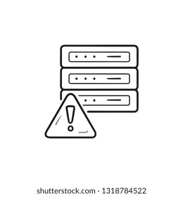 Server with error exclamation sign hand drawn outline doodle icon. Network error, storage server error concept. Vector sketch illustration for print, web, mobile and infographics on white background.